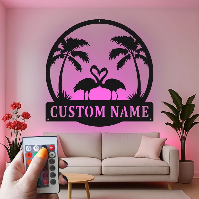 Panneau LED Couple Flamant Rose Personnalisé | Art mural en métal | Décor de maison de plage tropical pour cadeau d'anniversaire
