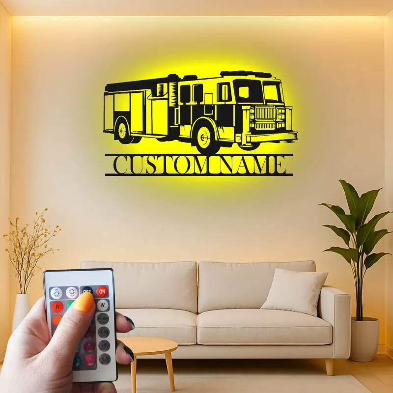 Insegna in metallo personalizzata con autopompa | Decorazione murale LED per vigili del fuoco | Decorazione su misura con nome per caserma | Regalo per pompiere
