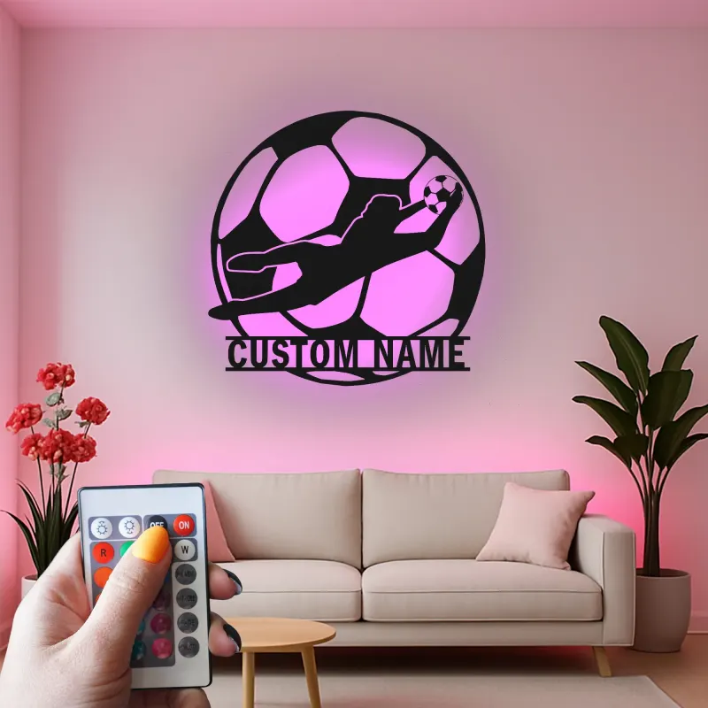 Letrero metálico personalizado de portero | Arte mural LED de fútbol | Decoración con nombre a medida para habitación del jugador | Regalo para aficionados al deporte