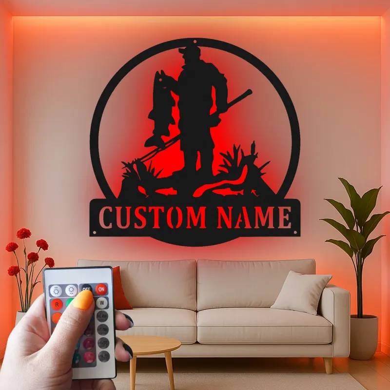 Panneau personnalisé de pêcheur avec LED | Décoration murale en métal sur mesure | Déco pour maison de lac et chalet | Cadeau pour pêcheur