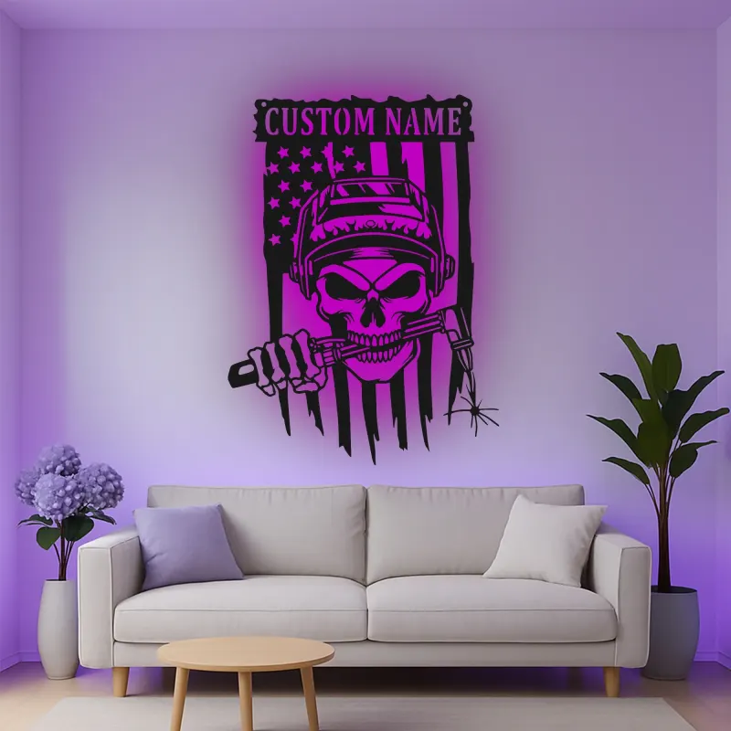 Décoration murale en métal personnalisée Crâne de soudeur avec rétroéclairage LED Cadeau unique pour les soudeurs Décor de garage ou d'atelier