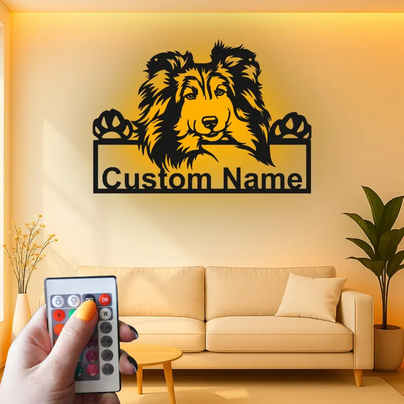 Décoration murale en métal personnalisée pour chien Shetland LED - Cadeau pour maman chien - Décor pour animaux de compagnie