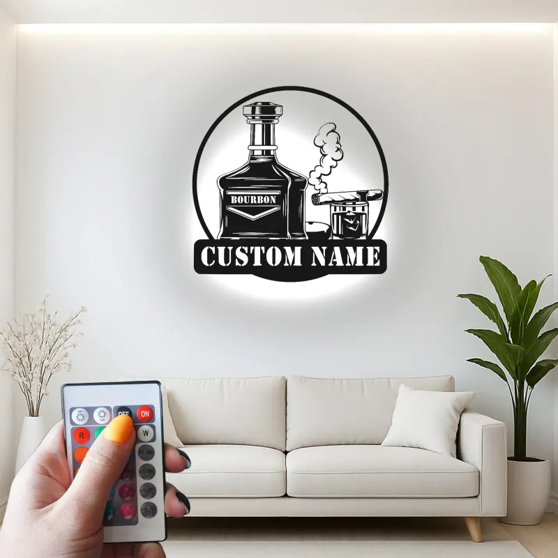 Décoration murale en métal personnalisée avec éclairage LED pour amateurs de bourbon et de cigares