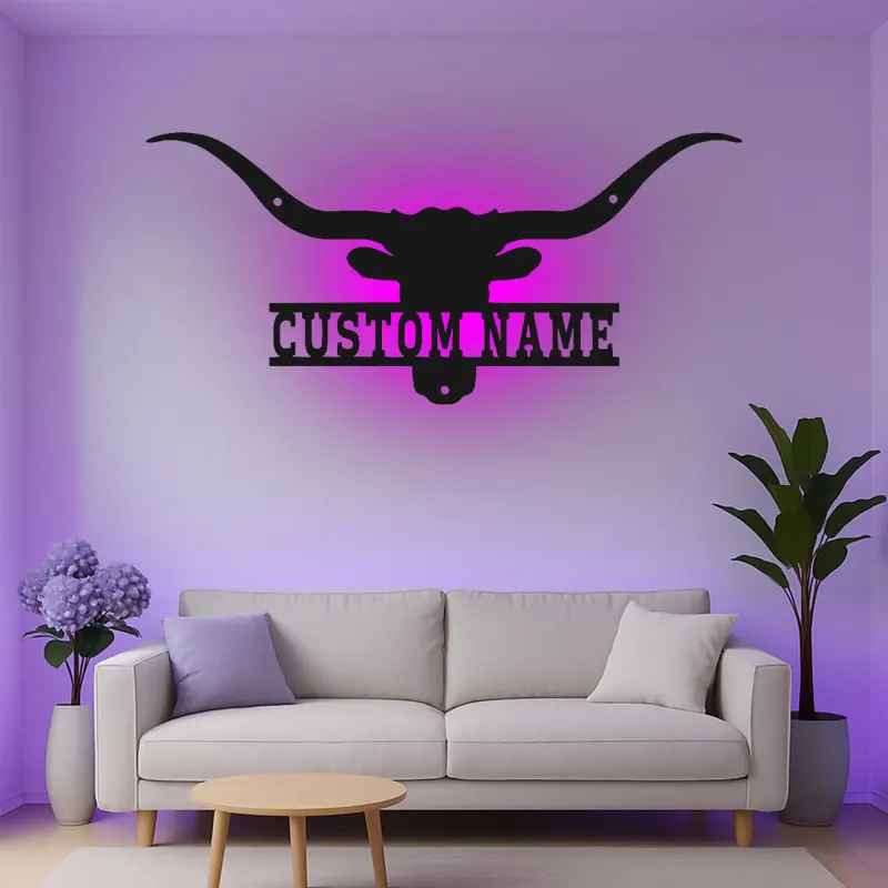 Décoration murale en métal personnalisée avec longhorn et rétroéclairage LED - Cadeau ranch, décoration western pour salon ou man cave