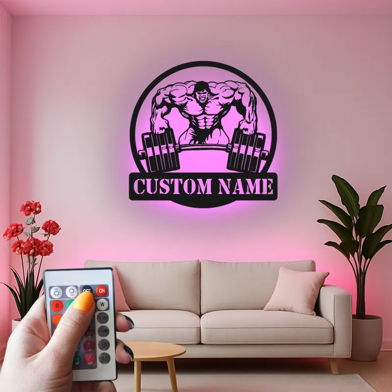 Insegna in metallo personalizzata con luce LED Bodybuilder regalo per appassionati di fitness decorazione per palestra