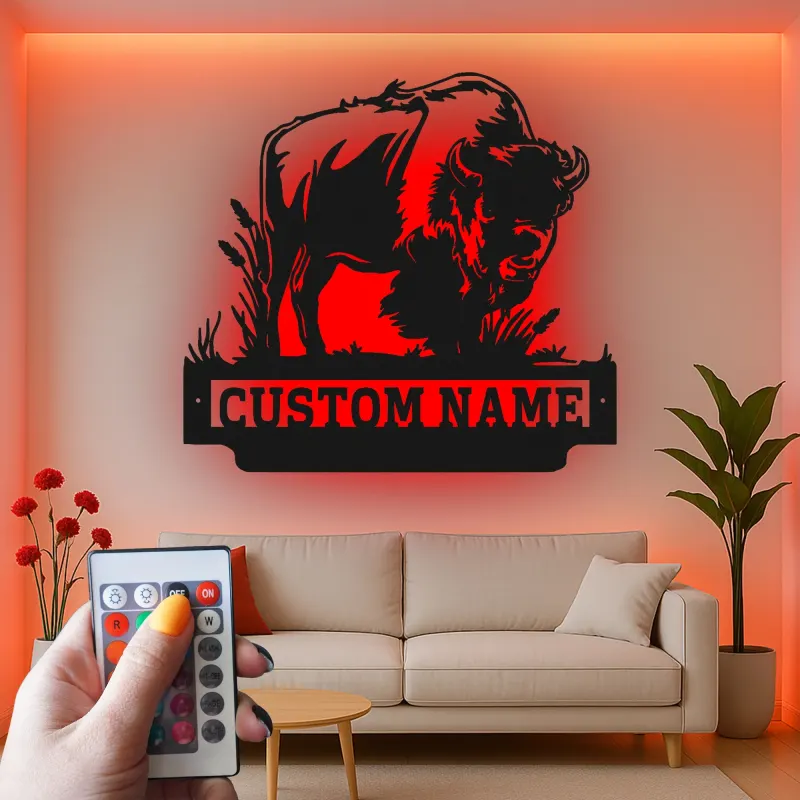 Custom Bison Led Light Metal Wall Art Personalized Wildlife Gift for Nature Lovers Rustic Home Decor 1
