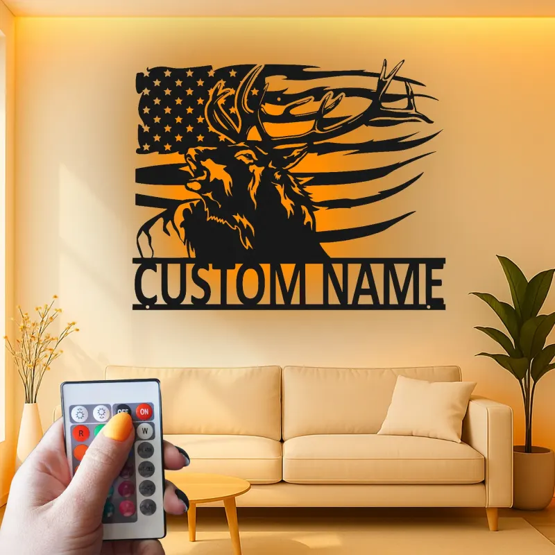 Custom Deer with American Flag Led Light Metal Wall Art Personalized Gift for Hunters Rustic Cabin Decor