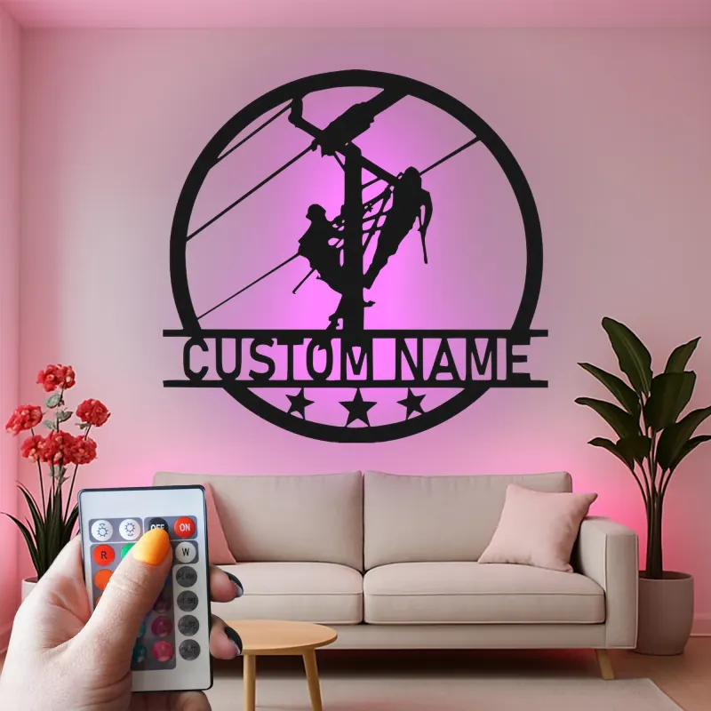 Panneau LED Lineman personnalisé | Décoration murale en métal sur mesure | Cadeau pour électricien et agent de réseau | Déco industrielle pour maison et garage