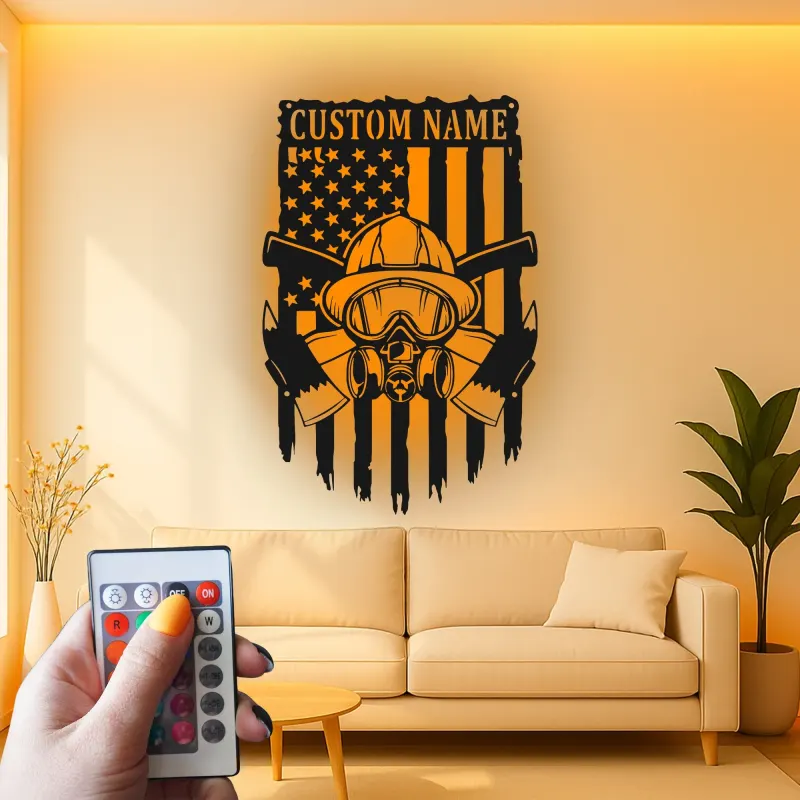 Personalized Firefighter LED Sign | Custom Fireman Metal Wall Art | Patriotic American Flag Decor for Home & Fire Station
