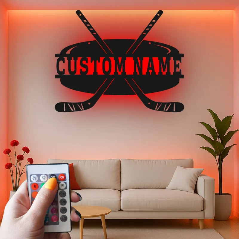 Insegna con Nome Personalizzato per Hockey con Luci LED | Insegna in Metallo Personalizzata | Regalo per Giocatori di Hockey per Stanza da Gioco e Decorazione per Camera da Letto