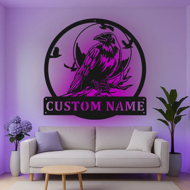 Décoration murale en métal personnalisée avec corbeau et rétroéclairage LED, cadeau pour les amoureux des oiseaux, décoration pour salon ou bureau