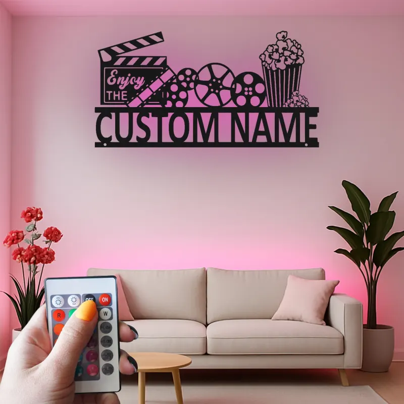 Panneau de Cinéma Personnalisé | Art mural en métal LED de Cinéma Personnalisé | Décor de Salle de Cinéma Familiale | Panneau Lumineux Bobine de Film & Popcorn