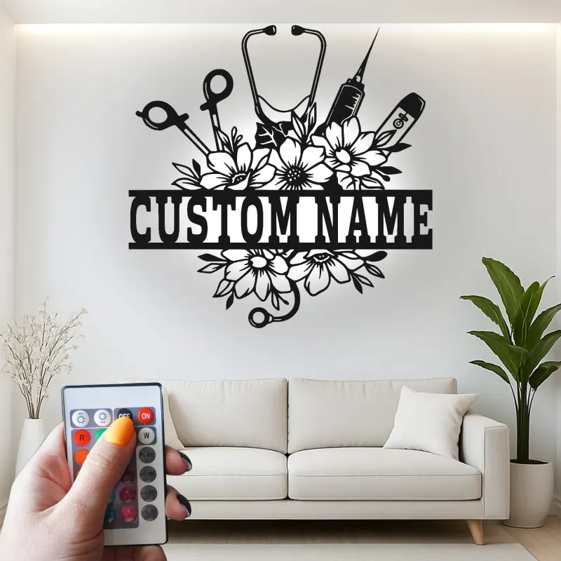 Personalisierte Krankenschwester-Schild mit LED-Licht | Metall-Wandkunst | Florales Stethoskop-Dekor für Klinik & Büro | Geschenk für Pflegekräfte