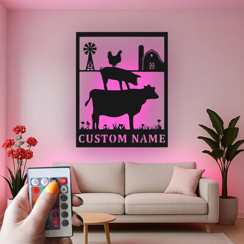 Cartel de metal LED personalizado con silueta de animales de granja, regalo de granja personalizado, decoración rústica de granero