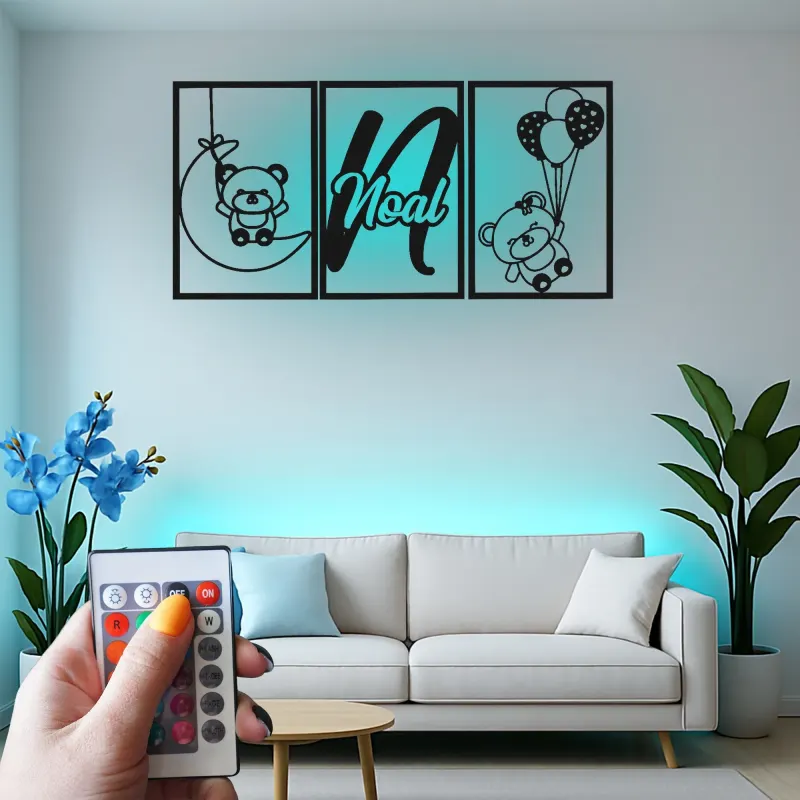 Cartel de nombre de oso de peluche personalizado | Arte mural de metal LED para guardería | Decoración de habitación de bebé personalizada | Regalo de recuerdo para recién nacidos