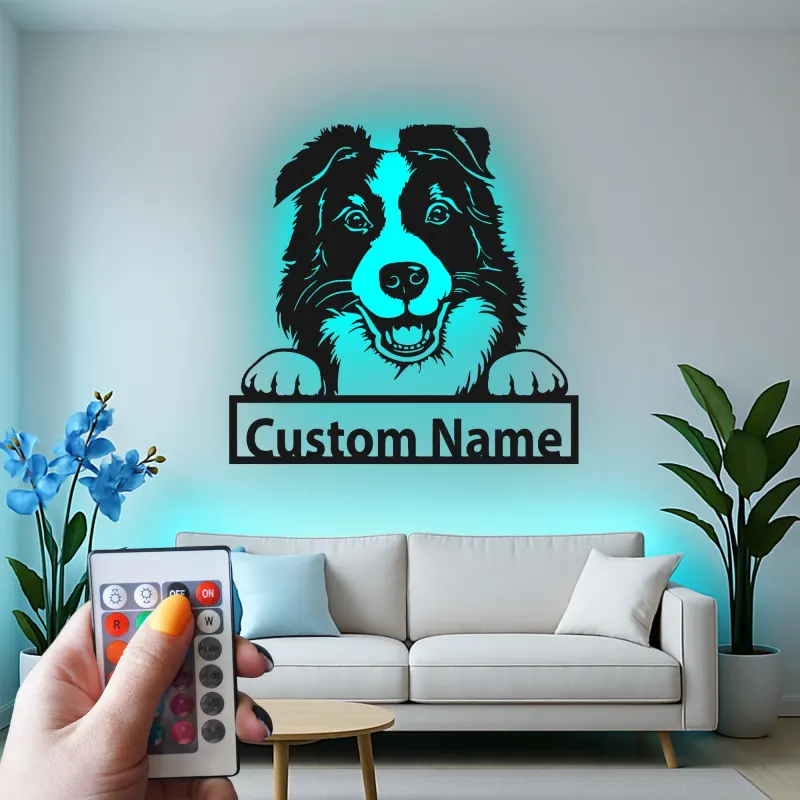 Cartel de metal LED personalizado de Border Collie, regalo para amantes de los perros, decoración para la sala de estar