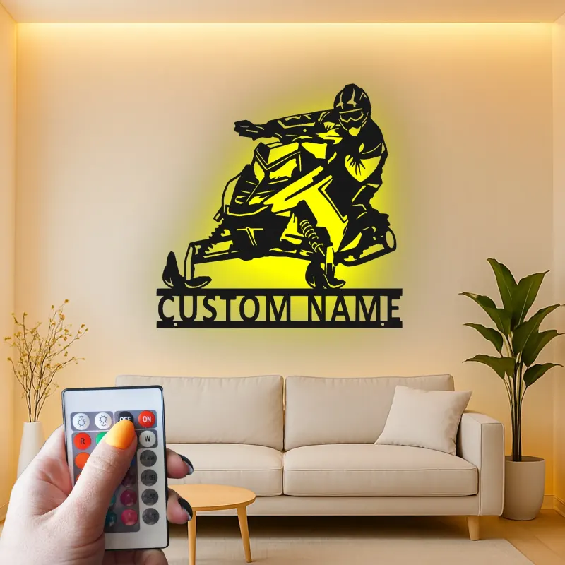 Arte da Parete in Metallo LED per Motoslitta Personalizzata | Insegna con Nome per Piloti per Man Cave | Regalo Decorativo per Sport Invernali