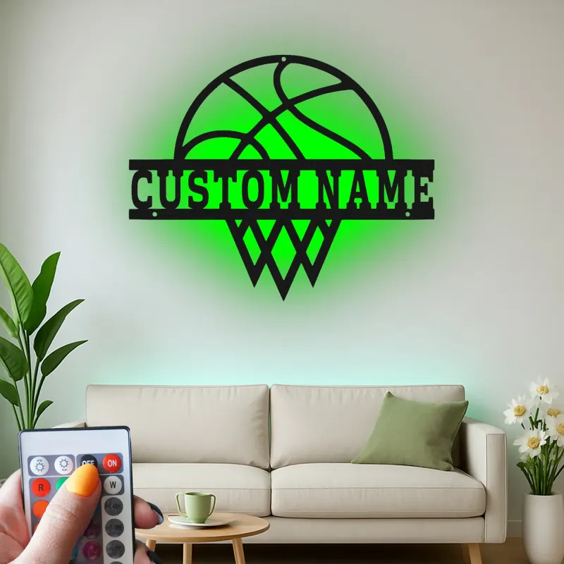 Cartel de metal personalizado de aro de baloncesto con luz LED, regalo deportivo personalizado para atletas, decoración para sala de juegos 1