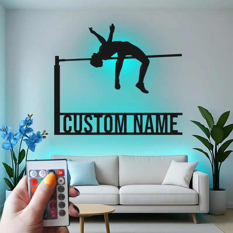 Personalisierte Hochsprung Metall-Wandkunst | Individuelles LED-Schild für Athleten | Geschenk für Leichtathletik-Dekor