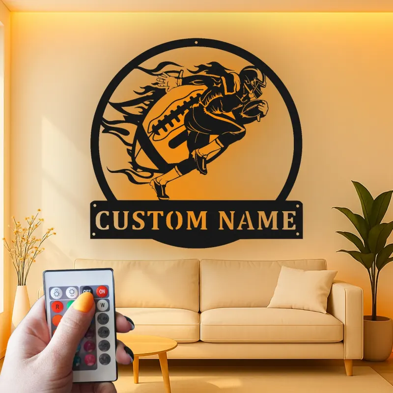 Cartel de metal personalizado de jugador de fútbol americano | Arte mural LED personalizado para habitación infantil | Regalo decorativo para deportistas en día de partido