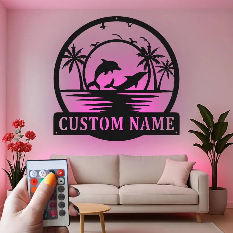 Décoration murale en métal personnalisée avec scène de plage de dauphins et rétroéclairage LED - Cadeau pour amoureux de l'océan - Décor de salon côtier