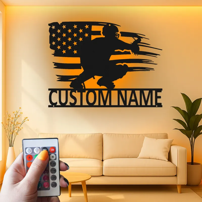Custom Baseball Catcher Led Light Metal Wall Art Personalized Gift for Baseball Fans Game Room Sports Decor