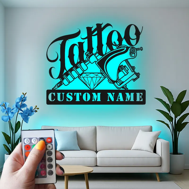 Cartel LED de máquina de tatuaje personalizado | Decoración mural de metal personalizada para estudio | Regalo para artista del tatuaje