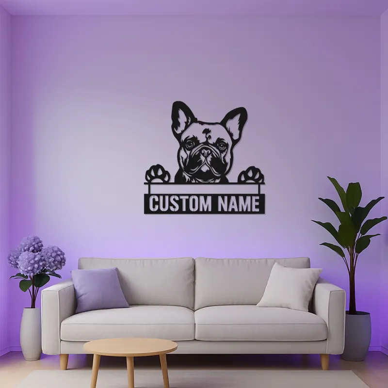 Arte murale LED in metallo con Bulldog Francese | Insegna personalizzata con nome del cane | Regalo su misura per amanti dei cani | Arredo moderno minimalista