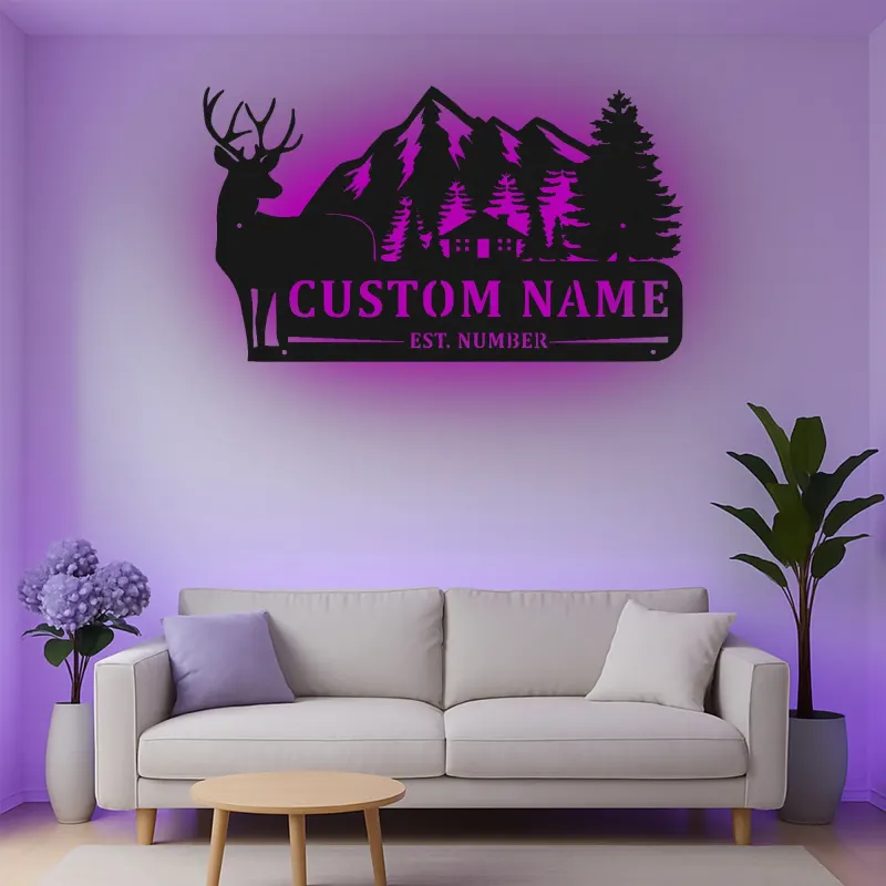 Personalisierte Hirsch-Mountain-Szene LED-Metall-Wandkunst – rustikales Geschenk für die Hütte