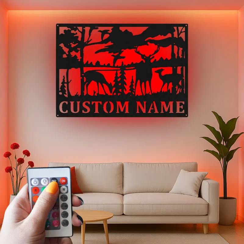 Décoration murale en métal personnalisée avec éclairage LED de forêt de cerfs - Cadeau pour les amoureux de la nature, décoration de chalet ou de pavillon