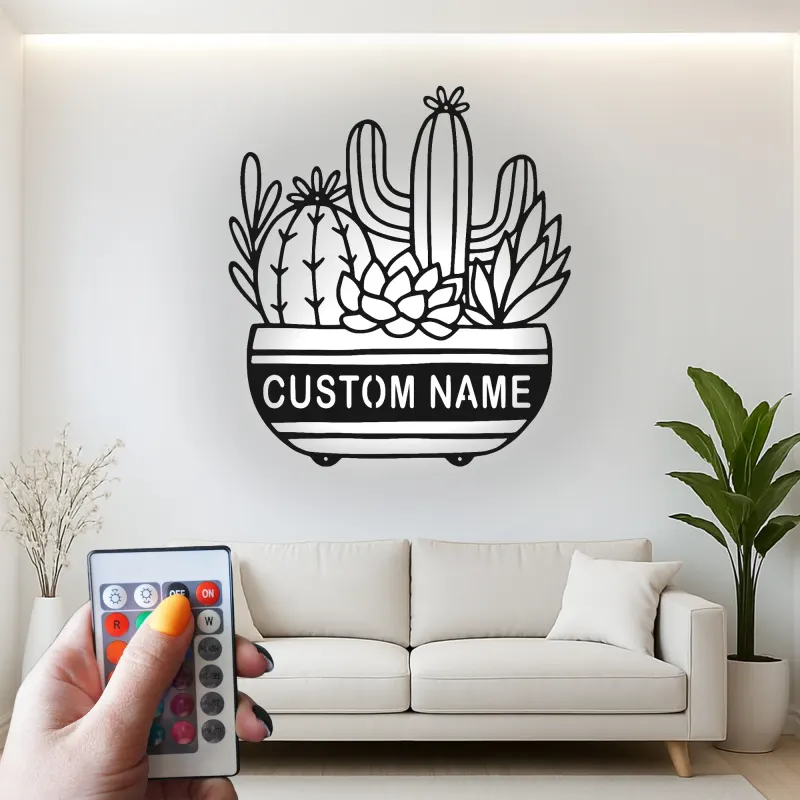 Cartel de metal personalizado con luz LED de suculenta de cactus, regalo de inauguración para decoración del salón del desierto