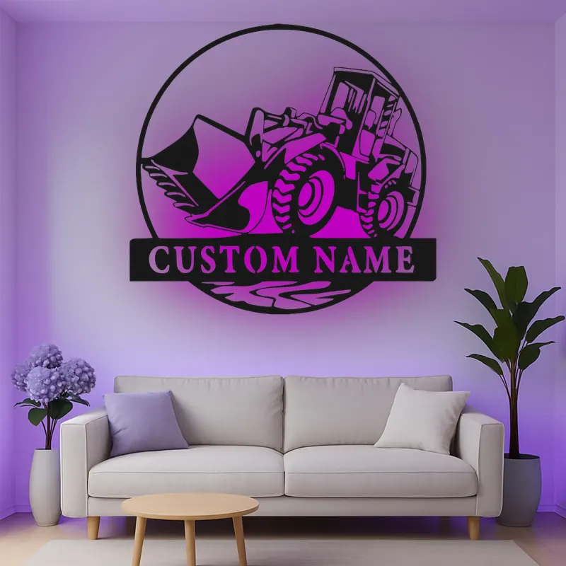 Décoration murale en métal personnalisée avec rétroéclairage Bulldozer - Cadeau pour passionnés de construction - Décor de garage ou atelier