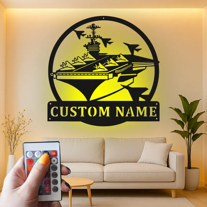 Custom Aircraft Carrier Led Light Metal Wall Art Navy Gift for Veterans Office or Living Room Decor