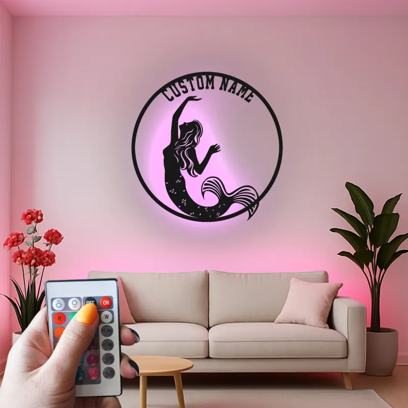 Insegna in metallo personalizzata con luce LED a forma di sirena regalo per amanti dell'oceano decorazione per camera da letto o nursery