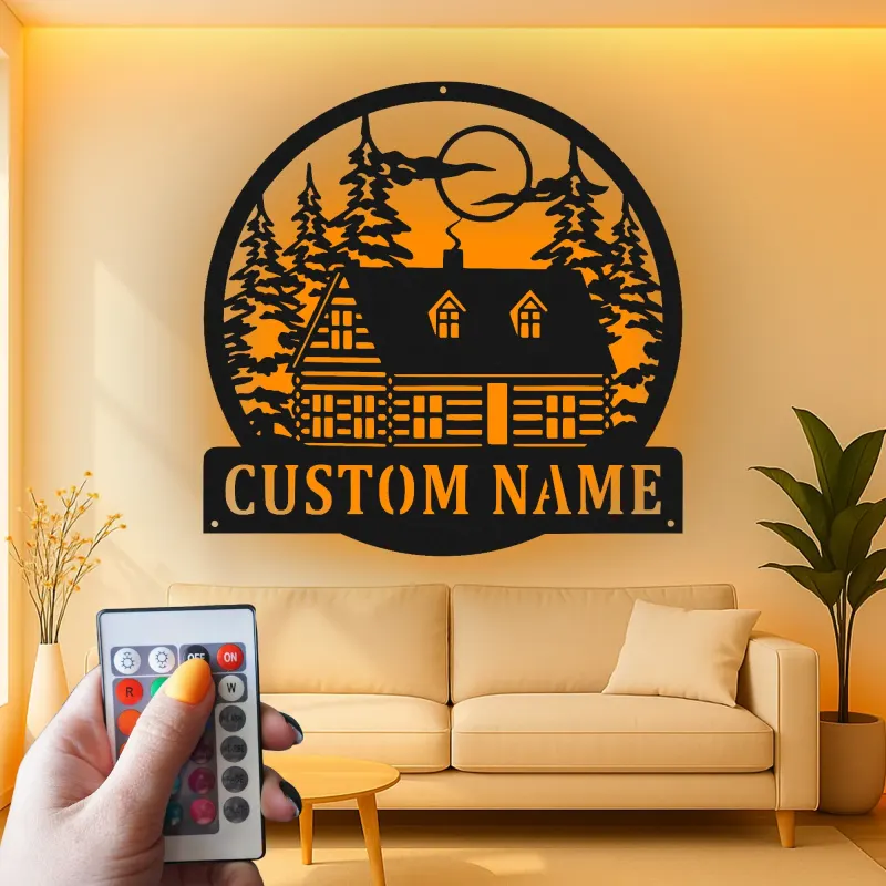 Custom Cabin in the Woods Led Light Metal Wall Art Personalized Housewarming Gift Rustic Home Decor