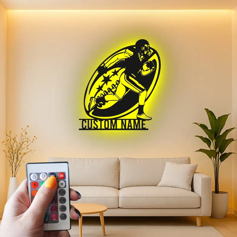 Insegna personalizzata con giocatore di football | Decorazione murale in metallo LED personalizzata | Arredo camera ragazzi e regalo per atleta | Luce sportiva per man cave
