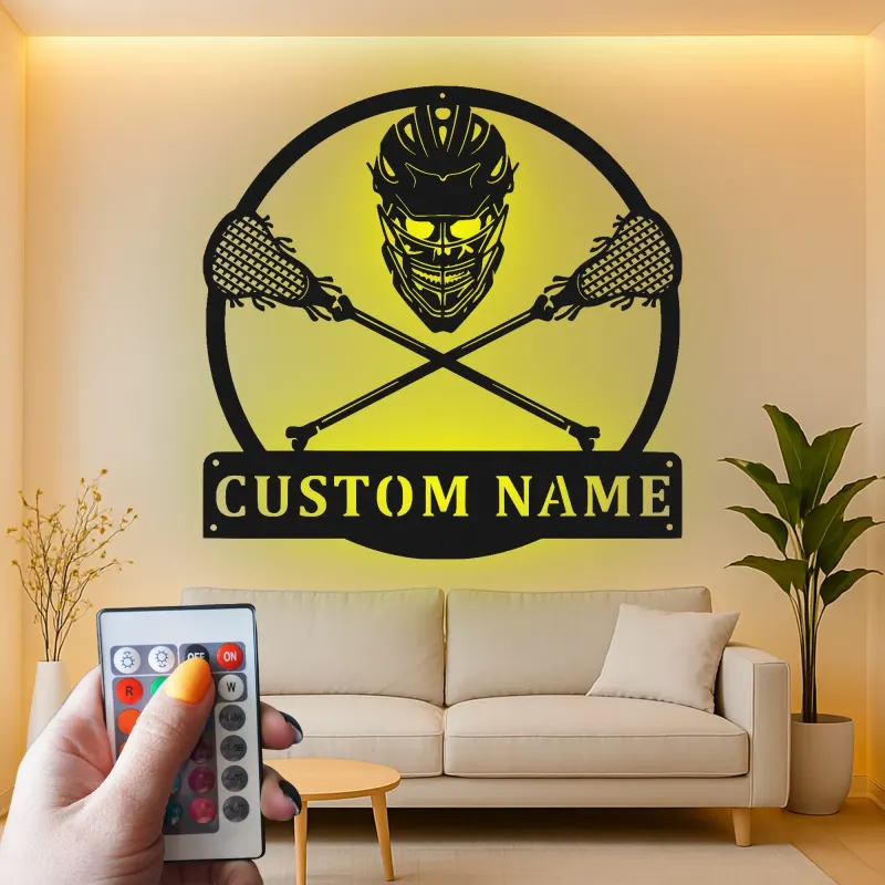 Insegna di Lacrosse Personalizzata con LED | Arte da Parete in Metallo per Giocatore o Allenatore | Decorazione Sportiva per Man Cave
