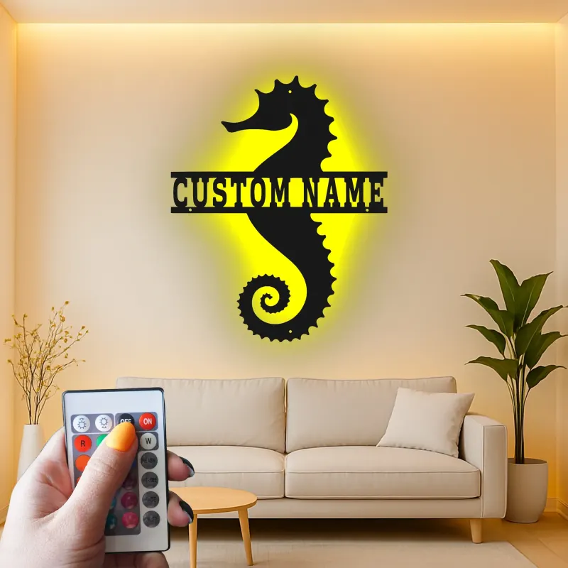 Panneau Métal LED Hippocampe Personnalisé | Décoration Murale Nautique Personnalisée | Décor Maison de Plage & Cadeau pour Amoureux de l'Océan