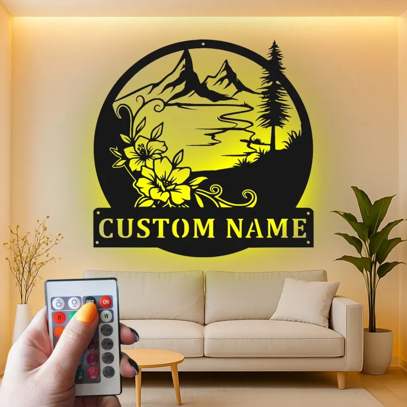 Custom Mountain Metal Wall Art | Personalized LED Name Sign with Floral Scene | Cabin Decor & Outdoor Lover Gift