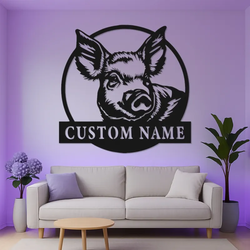 Cartel LED de retrato de cerdo personalizado | Decoración de granja personalizada | Arte mural de metal rústico para granero o hogar de campo moderno
