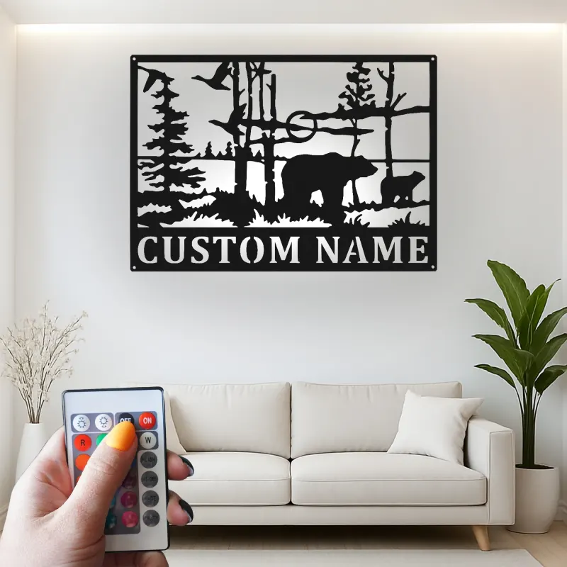 Custom Bear Forest Scene Led Light Metal Wall Art Personalized Wildlife Gift Cabin Decor for Nature Lovers