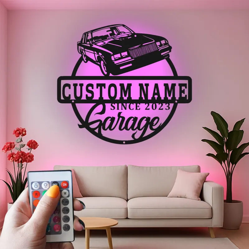 Insegna in metallo personalizzata con luce LED per auto classiche - Regalo per appassionati di auto, decorazione per garage
