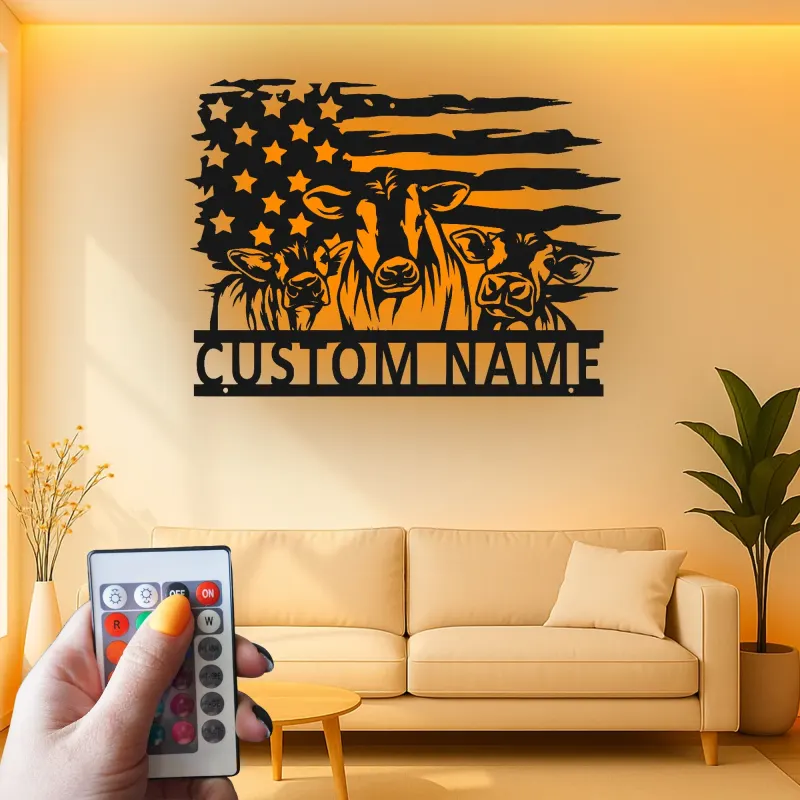 Insegna in metallo LED personalizzata con trio di mucche e bandiera americana