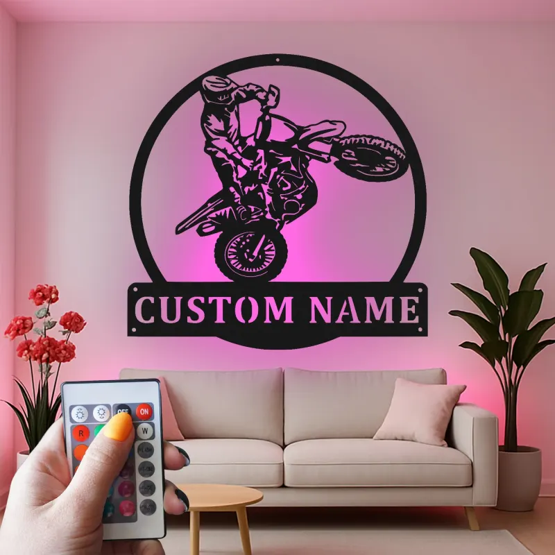 Custom Motocross Rider Led Light Metal Wall Art Personalized Gift for Dirt Bike Enthusiasts Garage Decor