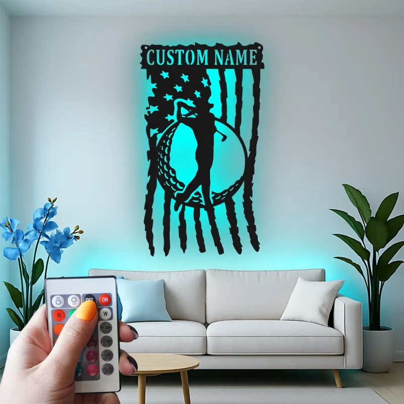 Insegna da golf su misura con LED | Arte murale in metallo con nome del golfista | Decorazione man cave con bandiera americana