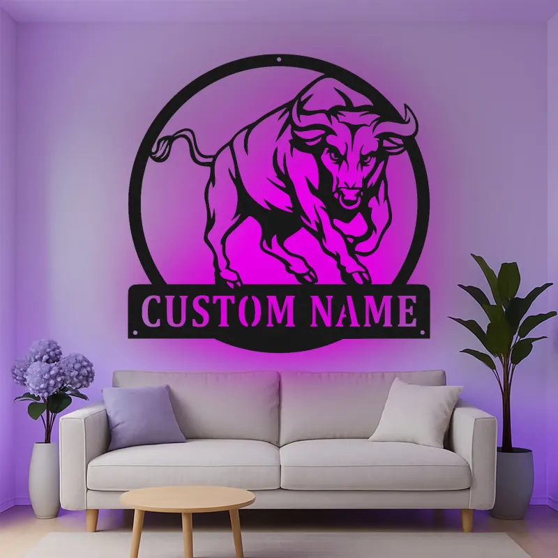 Insegna in metallo LED personalizzata con toro - Regalo per lui, decorazione per man cave o ufficio