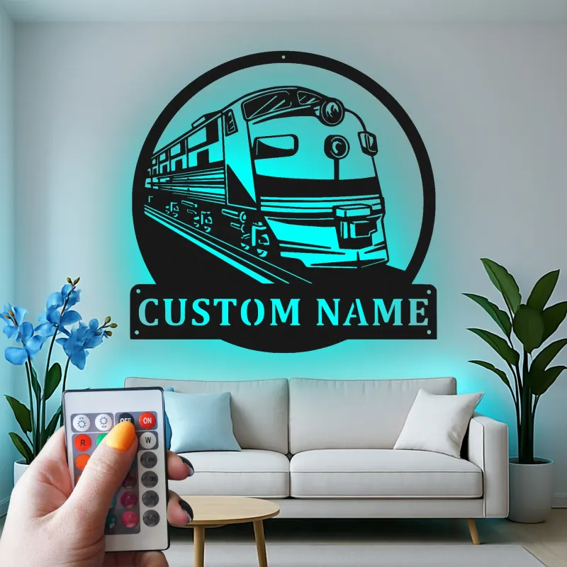 Custom Train Locomotive Led Light Metal Wall Art Personalized Gift for Train Enthusiasts Man Cave Decor 1