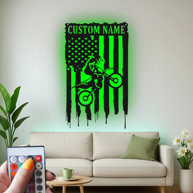 Personalized Motocross LED Sign | Custom Dirt Bike Metal Wall Art | American Flag Rider Gift for Man Cave & Garage Decor