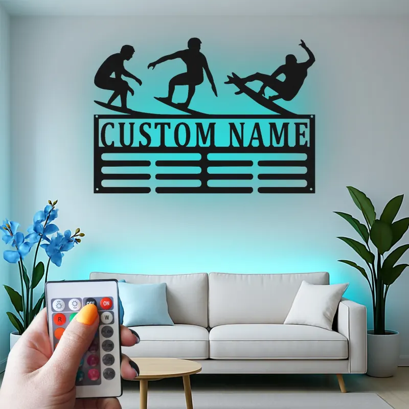 Panneau LED surfeur personnalisé | Art mural en métal personnalisé | Décoration de maison de plage et éclairage côtier | Cadeau pour amateur de surf
