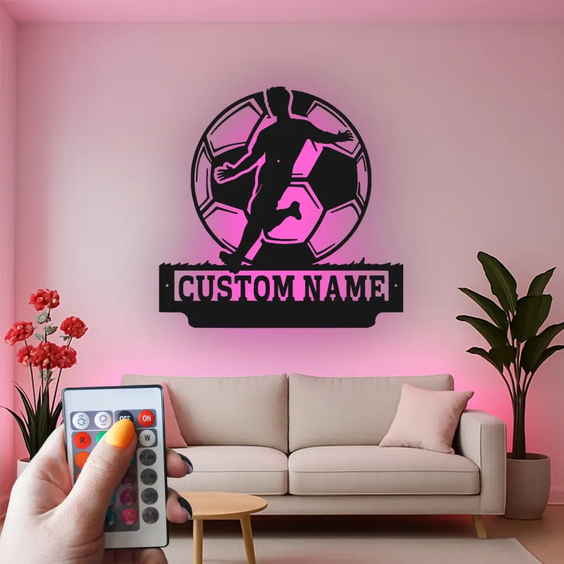 Cartel de Metal de Jugador de Fútbol Personalizado | Decoración Mural LED Personalizada | Decoración para Habitaciones de Atletas | Regalo de Fútbol con Nombre